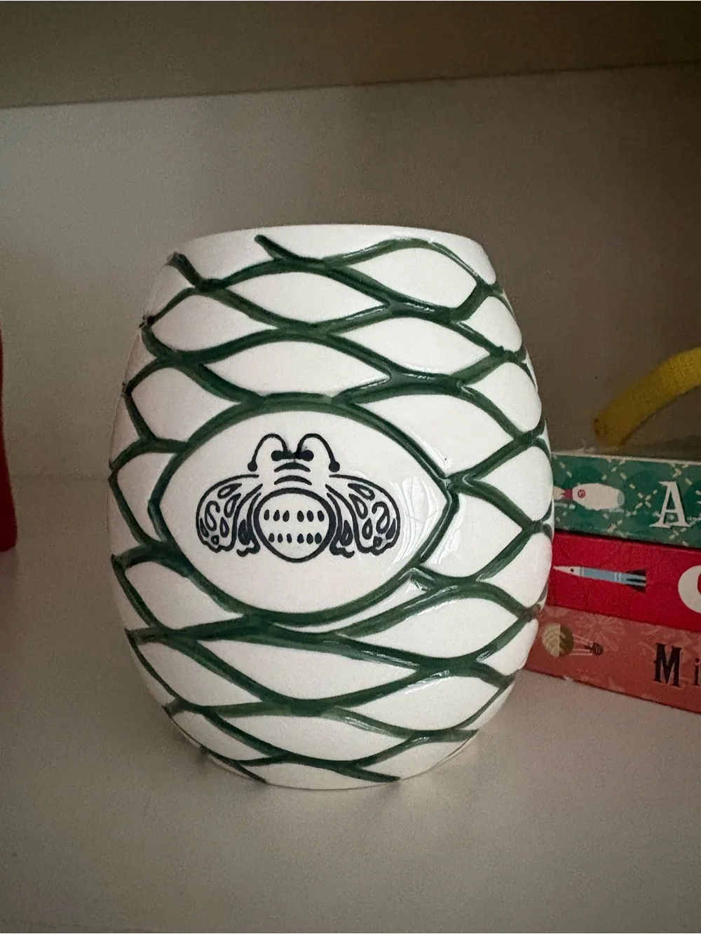 Patron Tequila White Ceramic green beehive Cup with Green Lattice and Bee Emblem